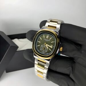 Patek Philippe Geneve – Luxury Dual Time Watch with Green Dial & Two-Tone Strap